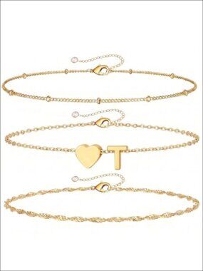 14K Gold Plated Initial Bracelet Set 3Pc Layered Heart Charm Adjustable